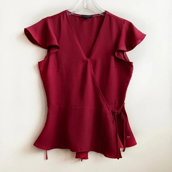 Tommy Hilfiger Red Maroon Burgundy Size S Peplum Wrap Flowy Blouse Top Christmas - Picture 2 of 16